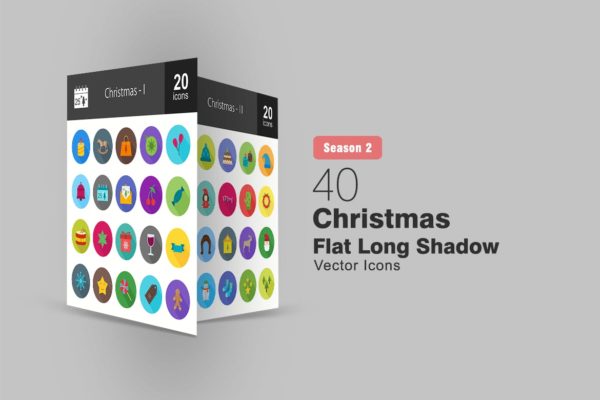 40枚圣诞节主题扁平风长阴影图标 40 Christmas Flat Long Shadow Icons