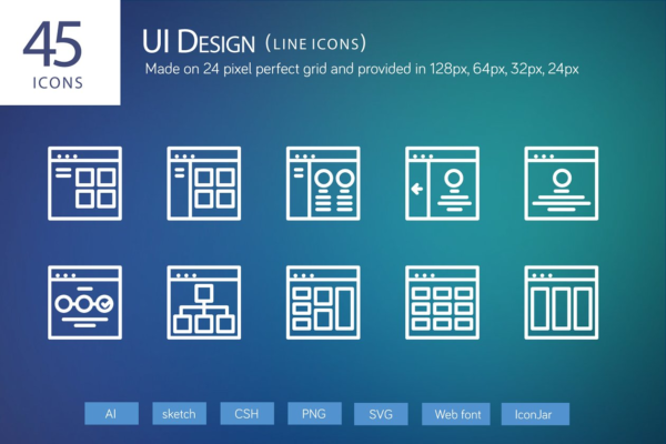 45个用户界面UI套件线条设计图标 45 UI Design Line Icons
