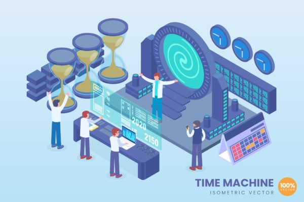 时间机器技术等距矢量16图库精选概念插画素材 Isometric Time Machine Technology Vector Concept