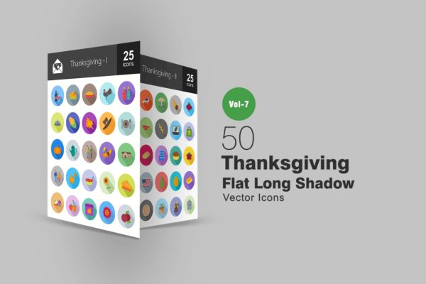 50个感恩节主题扁平设计风格阴影图标 50 Thanksgiving Flat Shadowed Icons