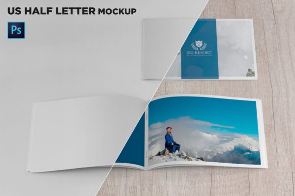 美国信纸规格宣传册封面&amp;内页印刷效果图样机16设计网精选 US Half Letter Cover &amp; Open Pages Mockup