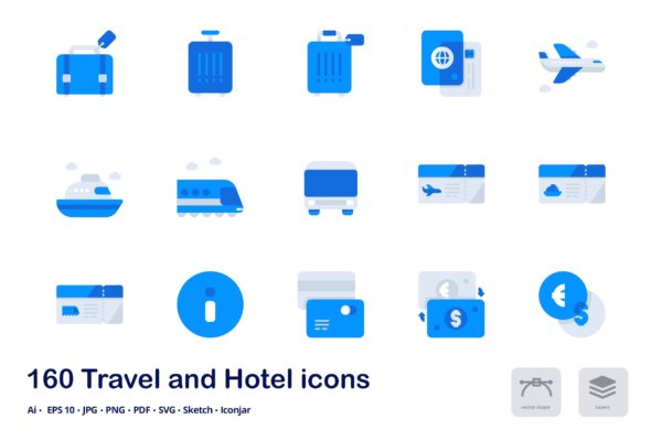 旅游&amp;酒店主题双色调扁平化矢量图标 Travel and Hotel Accent Duo Tone Flat Icons