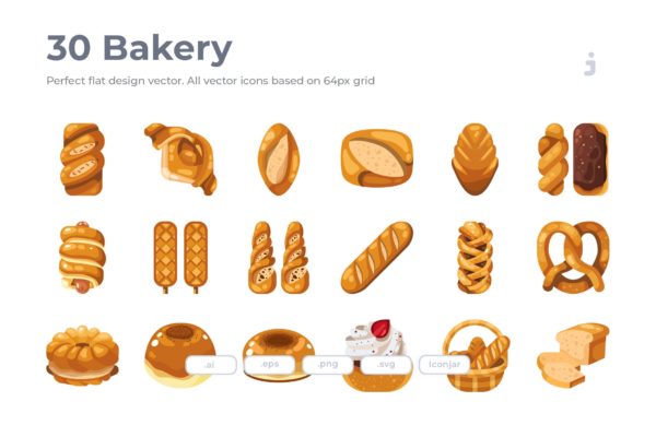 30枚烘焙&amp;面包扁平化图标 30 Bakery Icons &#8211; Flat