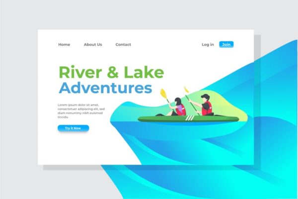 江河＆湖泊冒险运动概念插画网站着陆页设计模板 River &amp; Lake Adventures Landing Page Illustration