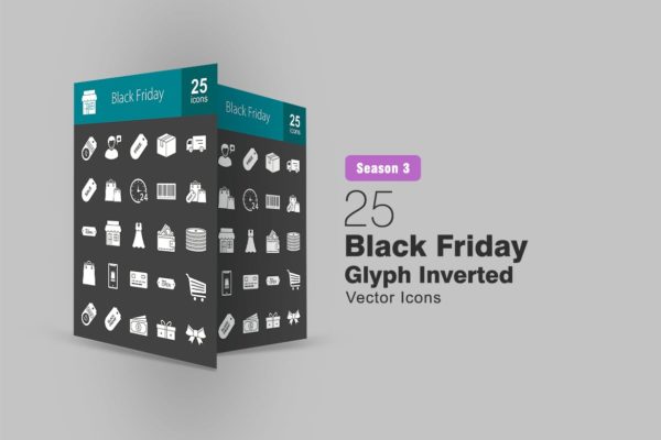 25枚黑色星期五主题反转色矢量字体图标 25 Black Friday Glyph Inverted Icons