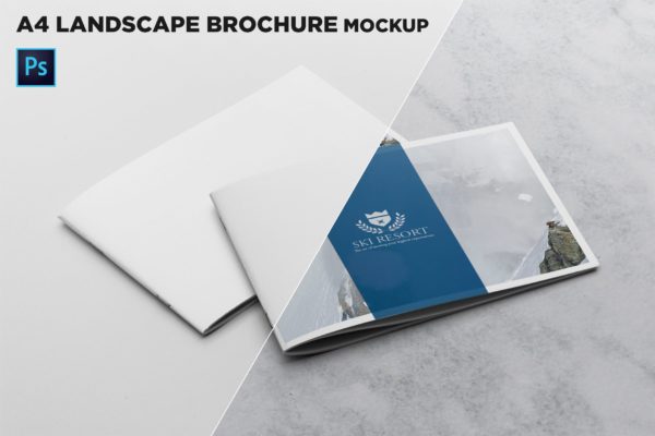 宣传画册/企业画册叠放效果图样机普贤居精选模板 2 Covers Landscape Brochure Mockup