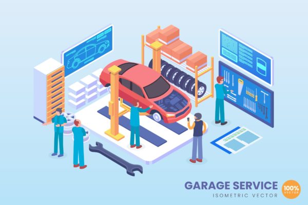 汽车维修检测场景2.5D等距概念矢量插画 Isometric Automobile Garage Service Vector Concept