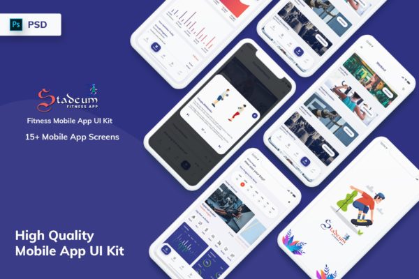 健身APP应用设计UI套件 Stadeum &#8211; Fitness Mobile App UI Kit (PSD)