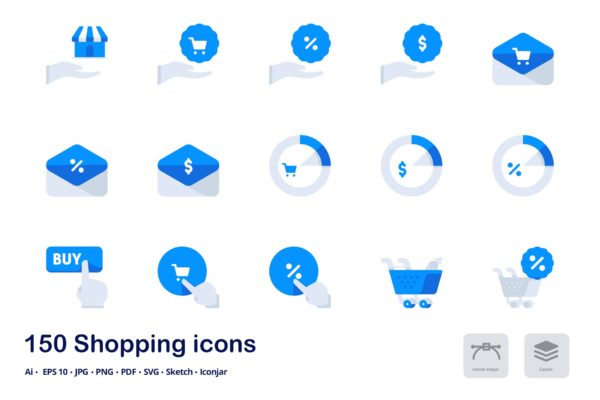 150枚购物&amp;电子商务主题双色调扁平化图标素材 Shopping and E-commerce Accent Duo Tone Icons