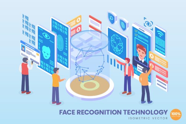 人脸识别技术等距矢量科技16图库精选概念插画v1 Isometric Face Recognition Technology Vector