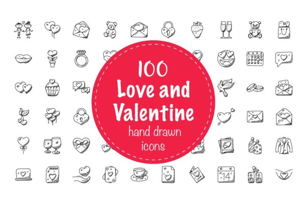 100枚爱和情人节涂鸦图标 100 Love and Valentine Doodle Icons
