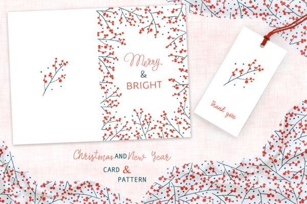 圣诞枝手绘图案背景素材/贺卡设计模板 Christmas Branches Greeting Card and Pattern