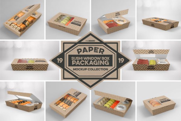 寿司开窗包装盒样机模板 Paper Window Sushi Boxes Packaging Mockup