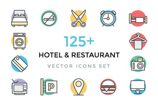 125+饭馆酒店专题粗线条彩绘图标 125+ Hotel and Restaurant Icons