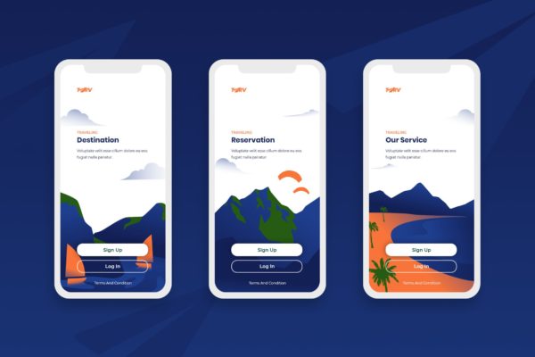 旅行旅游主题APP注册登录界面设计模板 Onboarding Screens Mobile App