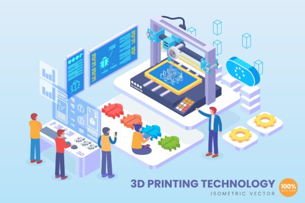 3D打印技术等距矢量科技普贤居精选概念插画v1 Isometric 3D Printing Technology Vector Concept
