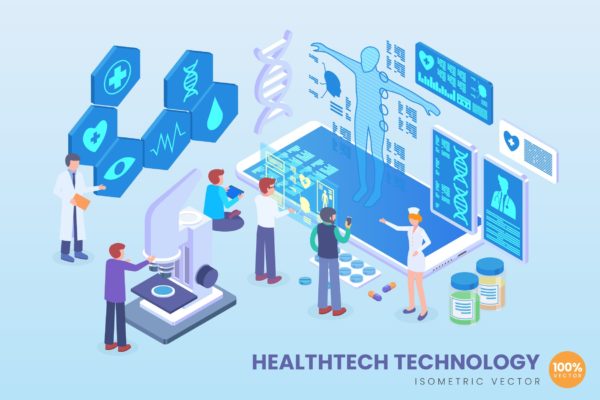现代健康检测技术等距矢量16图库精选科技概念插画 Isometric Healthtech Technology Vector Concept
