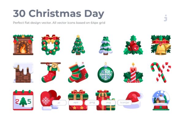 30枚扁平设计风格圣诞节主题矢量图标 30 Christmas Day Icons &#8211; Flat
