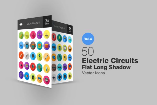 50枚电路线路板主题扁平化阴影图标 50 Electric Circuits Flat Shadowed Icons