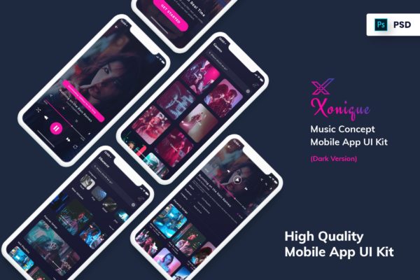 在线音乐播放APP应用UI设计套件[暗夜版本] Xonique-Music Mobile App UI Kit Dark Version