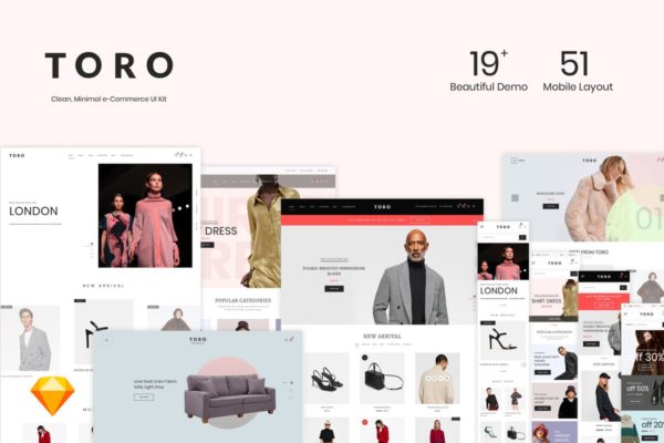 简约风格电商外贸网站设计模板UI套件 TORO &#8211; Clean, Minimal e-Commerce UI Kit