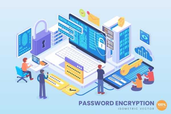 密码保护技术等距矢量科技普贤居精选概念插画 Isometric Password Encryption Technology Vector