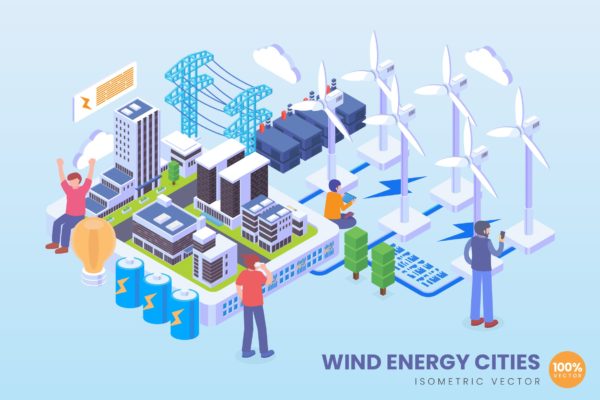 风力发电技术等距矢量概念插画素材 Isometric Wind Energy Cities Technology Vector