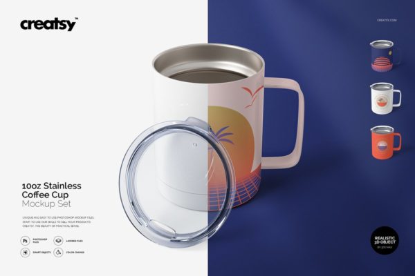 10oz不锈钢咖啡杯样机套装Stainless Coffee Cup Mockup