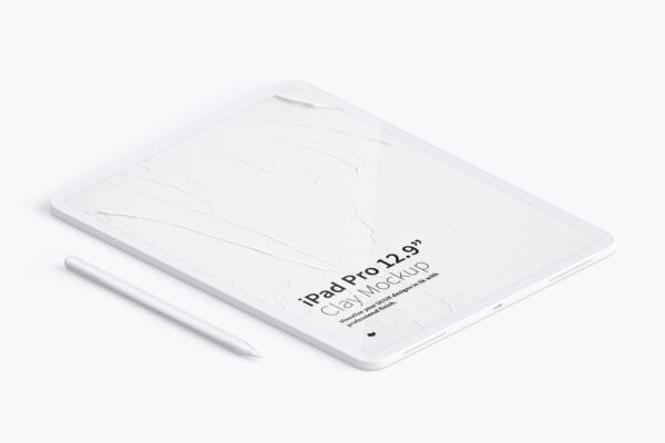 iPad Pro陶瓷黏土材质平板电脑UI界面设计等距左视图样机 Clay iPad Pro 12.9” Mockup, Isometric Left View
