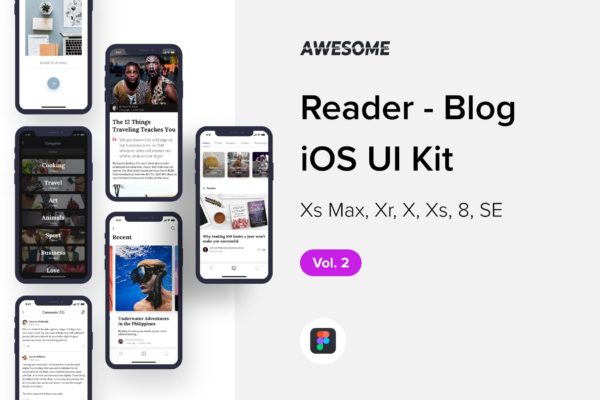 iOS平台信息流阅读APP应用设计套件v2[Figma] Awesome iOS UI Kit &#8211; Reader Blog Vol. 2 (Figma)