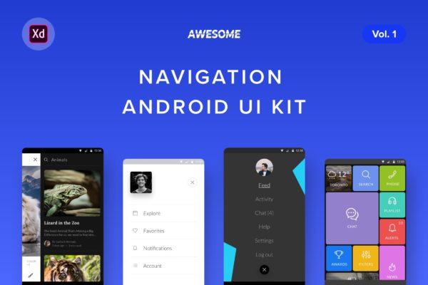 安卓平台APP应用导航设计UI模板v1[XD] Android UI Kit &#8211; Navigation Vol. 1 (Adobe XD)