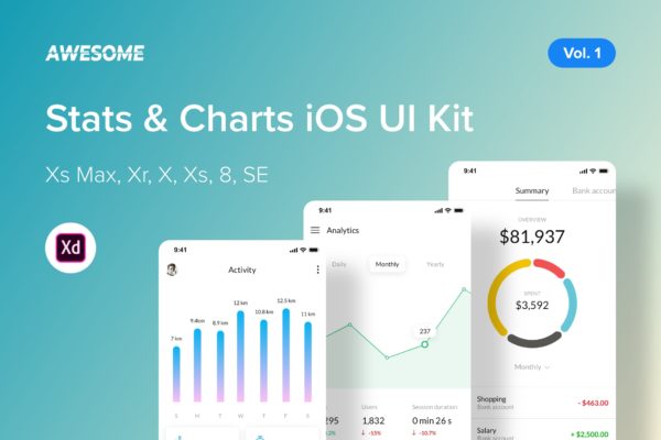 iOS平台APP应用统计和图表界面设计UI套件v1[XD] Awesome iOS UI Kit &#8211; Stats &amp; Charts Vol. 1 (XD)