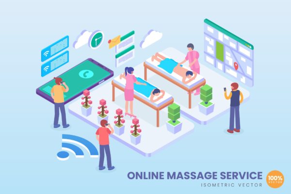 按摩预约服务主题等距概念矢量插画 Isometric Online Massage Service Vector Concept