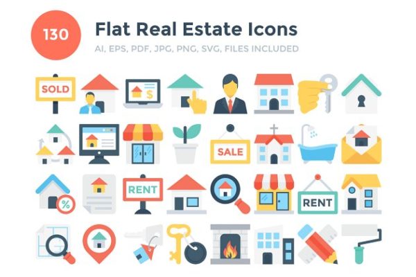 130个房地产租赁机构彩色扁平图标 130 Flat Real Estate Icons