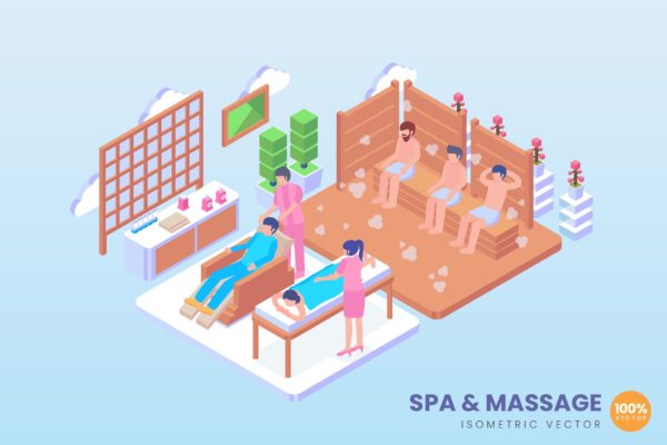 SPA按摩会所场景等距概念矢量插画 Isometric Spa And Massage Vector Concept