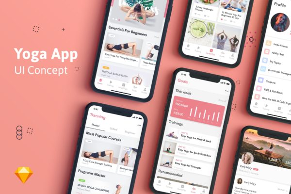 瑜伽健身应用程序UI用户界面工具包SKETCH模板 Yoga Fitness App UI Kit for SKETCH