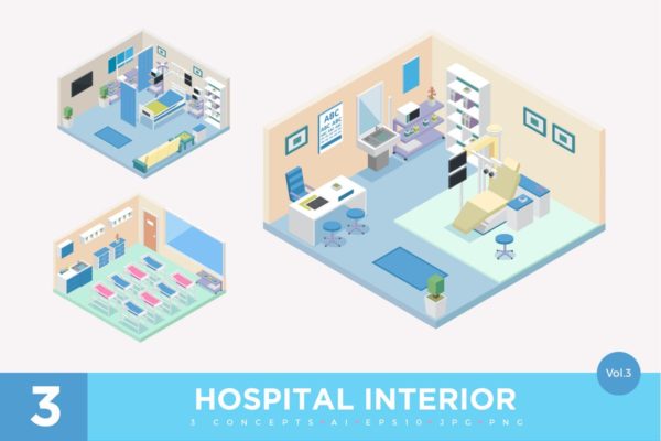 医院门诊场景2.5D等距概念插画v3 3 Isometric Hospital Clinic Interior Vector Set 3
