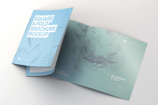 展开方形四折页小册子/传单设计展开效果样机 Unfolding Square 4-Fold Brochure Mockup
