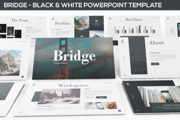 极简主义企业宣传PPT模板素材 Bridge &#8211; Black &amp; White Powerpoint Presentation