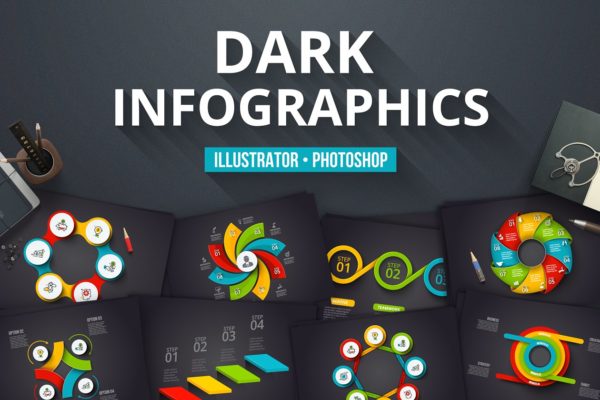 黑色背景信息图表矢量模板 Dark infographics