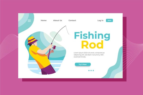 钓鱼竿钓具品牌网站着陆页UI模板 Fishing Rod Landing Page Illustration