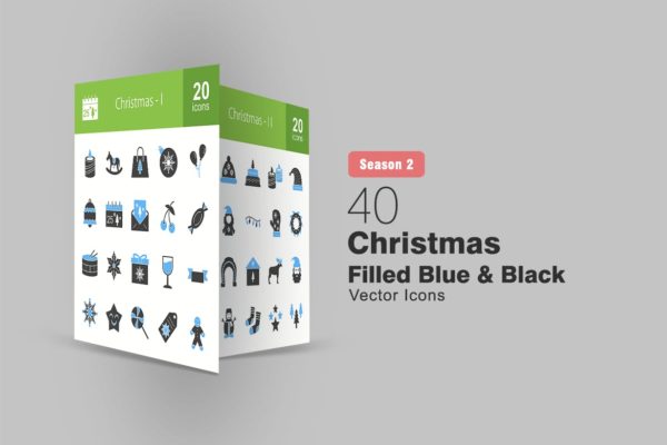 40枚圣诞节主题蓝黑色填充图标 40 Christmas Filled Blue &amp; Black Icons
