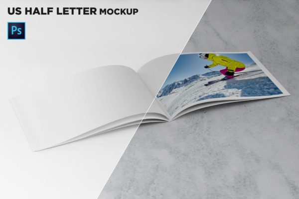 美国信纸规格宣传册内页版式设计45度角视图样机16图库精选 US Half Letter Brochure Mockup 45 Degree