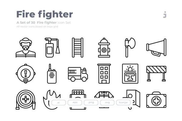 30枚消防员/消防主题Outline风格矢量图标 30 Fire fighter Icons &#8211; Outliner