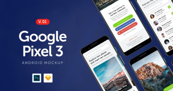 谷歌手机Google Pixel 3屏幕预览样机模板v1 Google Pixel 3 &#8211; Android Mockup 1.0