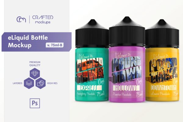 75ml装电子烟烟油外观设计预览样机模板 eLiquid Bottle Mockup v. 75ml-B