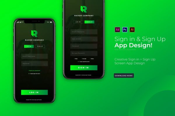 简约风格移动应用程序注册登录界面设计16图库精选模板 Raxor Sign In &amp; Sign Up | App Design