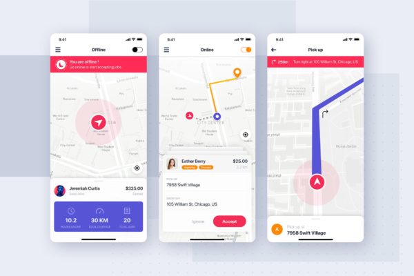 网约车顺风车APP应用概念UI设计模板 Taxi Driver UI Concept for mobile app