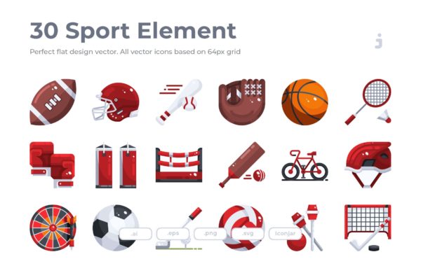 30枚体育运动器械彩色矢量图标素材 30 Sport Element Icons &#8211; Flat