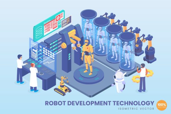 机器人开发技术等距矢量科技16图库精选概念插画 Isometric Robot Development Technology Vector